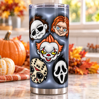 Mixed horror faces on blue-gray — one tumbler in kitchen setting