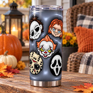 Mixed horror faces on blue-gray — one tumbler in porch setting