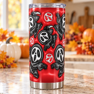 Screaming-Mask Character figures and masks on red — one tumbler in kitchen setting