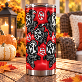 Screaming-Mask Character figures and masks on red — one tumbler in porch setting