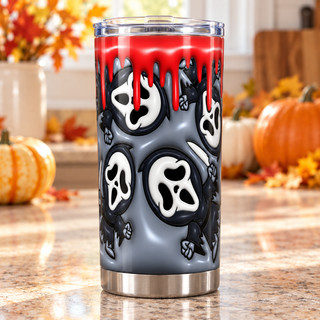 Screaming-Mask Character figures with blood drips — one tumbler in kitchen setting