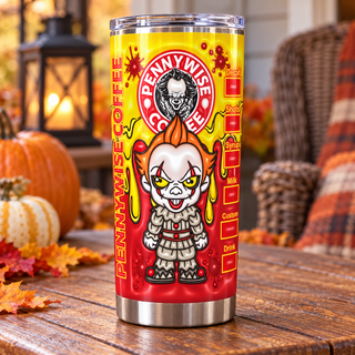 Sinister Clown coffee parody on yellow — one tumbler in porch setting