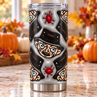 Fedora-Wearing Horror Character faces on gray — one tumbler in kitchen setting