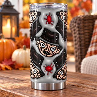 Fedora-Wearing Horror Character faces on gray — one tumbler in porch setting