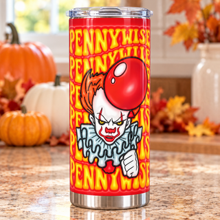 Sinister Clown Horror with repeated lettering — one tumbler in kitchen setting