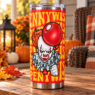 Sinister Clown Horror with repeated lettering — one tumbler in porch setting