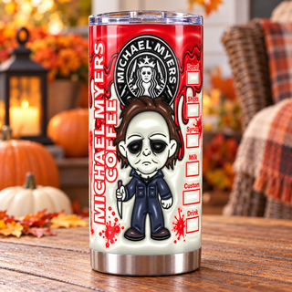 Pale-Masked Character coffee parody — one tumbler in porch setting