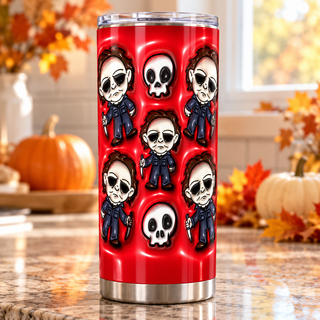 Pale-Masked Character figures and skulls on red — one tumbler in kitchen setting