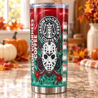 Hockey-Masked Character coffee parody: mask and floral accents — one tumbler in kitchen setting