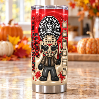 Hockey-Masked Character coffee parody: cartoon figure — one tumbler in kitchen setting