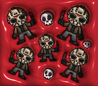 Hockey-Masked Character figures and skulls on red — watermarked full artwork