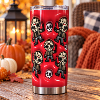 Hockey-Masked Character figures and skulls on red — one tumbler in porch setting