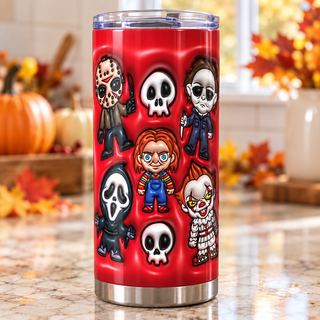 Mixed horror figures and skulls on red — one tumbler in kitchen setting