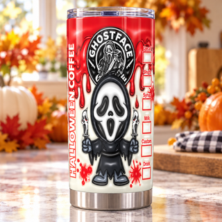 Screaming-Mask Character Halloween coffee parody — one tumbler in kitchen setting