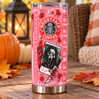 Screaming-Mask Character coffee parody: Call Me photo and knives — one tumbler in porch setting
