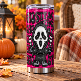 Screaming-Mask Character with repeated name lettering on pink — one tumbler in porch setting