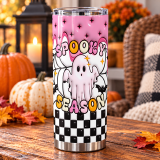 Spooky Season: ghost, pink web and checkerboard — one tumbler in porch setting