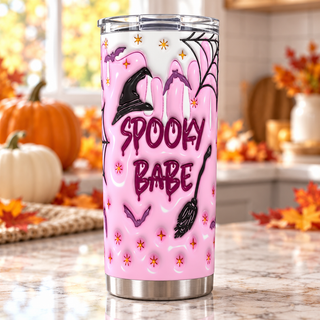 Spooky Babe: witch hat on pink — one tumbler in kitchen setting