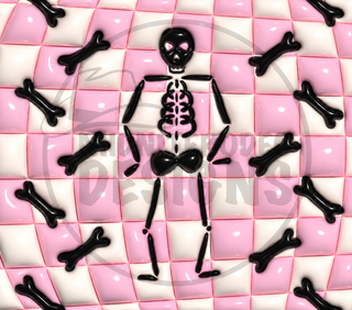 Skeleton and bones on pink checkerboard — watermarked full artwork