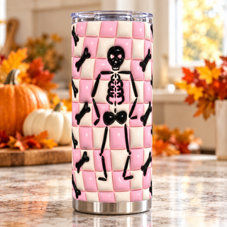 Skeleton and bones on pink checkerboard — one tumbler in kitchen setting
