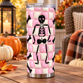 Skeleton and bones on pink checkerboard — one tumbler in porch setting