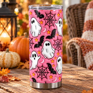 White ghosts, bats and webs on pink — one tumbler in porch setting