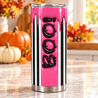 Boo: black-white-pink stripes — one tumbler in kitchen setting