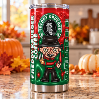 Fedora-Wearing Horror Character coffee parody — one tumbler in kitchen setting