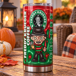 Fedora-Wearing Horror Character coffee parody — one tumbler in porch setting