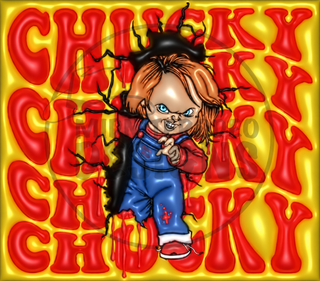 Orange-Haired Doll with knife and repeated name lettering — watermarked full artwork