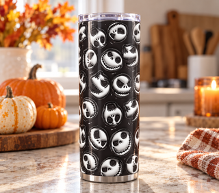 Striped-Suit Skeleton face pattern on black — kitchen lifestyle mockup