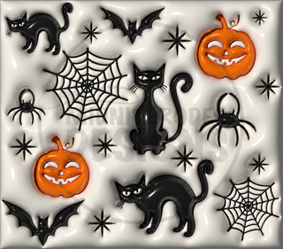 Black cats, jack-o-lanterns and webs on white — watermarked full artwork