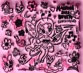 Pink witch cartoon with Halloween doodles — watermarked full artwork