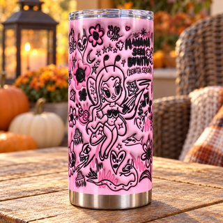 Pink witch cartoon with Halloween doodles — one tumbler in porch setting