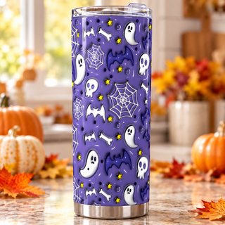 Ghosts, skulls, bats and webs on purple — one tumbler in kitchen setting