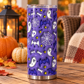 Ghosts, skulls, bats and webs on purple — one tumbler in porch setting