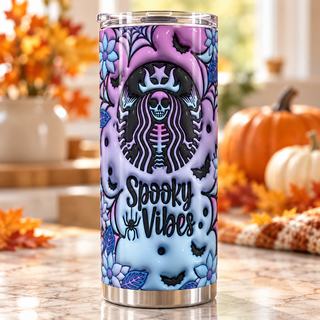 Spooky Vibes: skeleton coffee-logo parody and blue flowers — one tumbler in kitchen setting