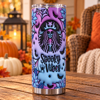 Spooky Vibes: skeleton coffee-logo parody and blue flowers — one tumbler in porch setting