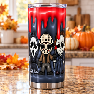 Spooky Masked Character Group with Red Drips — one tumbler in kitchen setting