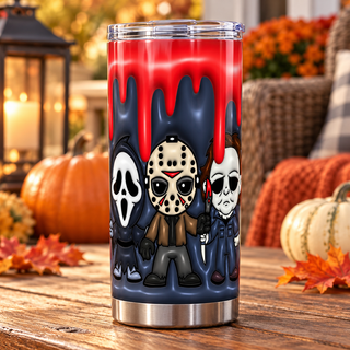 Spooky Masked Character Group with Red Drips — one tumbler in porch setting