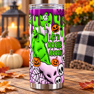 Burlap Creature, dice and pumpkins — one tumbler in porch setting