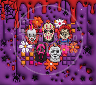 Horror masks, flowers and webs on purple — full flat artwork preview with MidniteRodeo Designs watermark