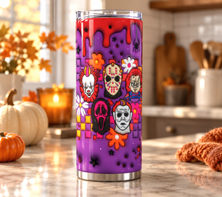 Horror masks, flowers and webs on purple — kitchen lifestyle mockup