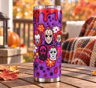 Horror masks, flowers and webs on purple — porch lifestyle mockup