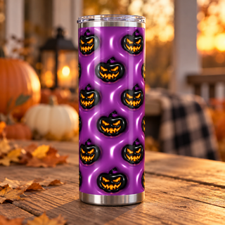 Black jack-o-lanterns on purple — single tumbler on a porch table