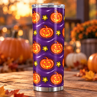 Orange jack-o-lanterns and stars on purple — porch