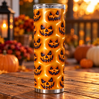 Black jack-o-lantern faces on orange — single tumbler on autumn porch