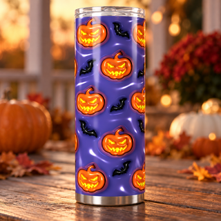 Jack-o-lanterns and bats on blue-purple — single tumbler on autumn porch