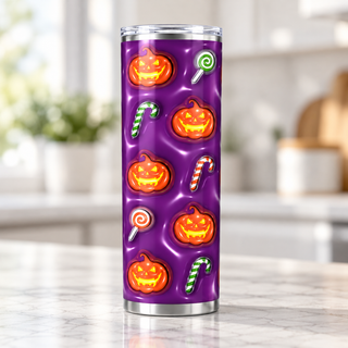 Jack-o-lanterns and candy on purple — single tumbler on kitchen counter