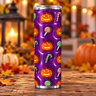 Jack-o-lanterns and candy on purple — single tumbler on autumn porch